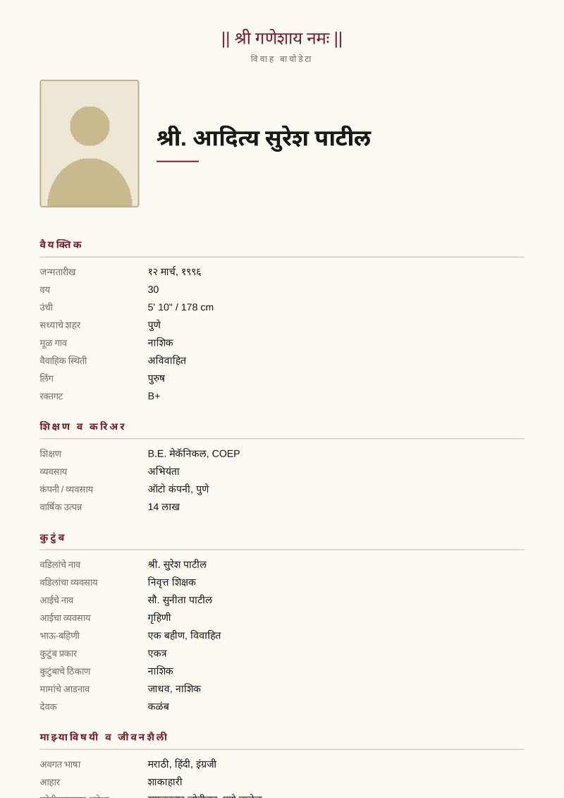 श्री. आदित्य सुरेश पाटील यांचा काल्पनिक लग्नाचा बायोडाटा नमुना, Marathi Classic