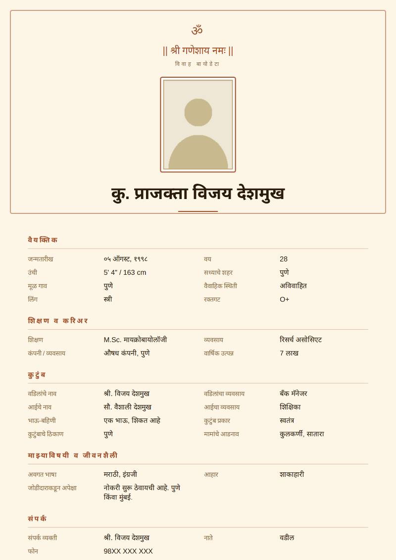 कु. प्राजक्ता विजय देशमुख यांचा काल्पनिक लग्नाचा बायोडाटा नमुना, Ganesha Blessing