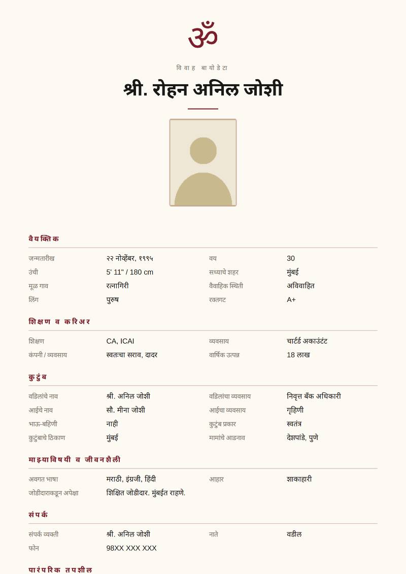 श्री. रोहन अनिल जोशी यांचा काल्पनिक लग्नाचा बायोडाटा नमुना, Om Sacred