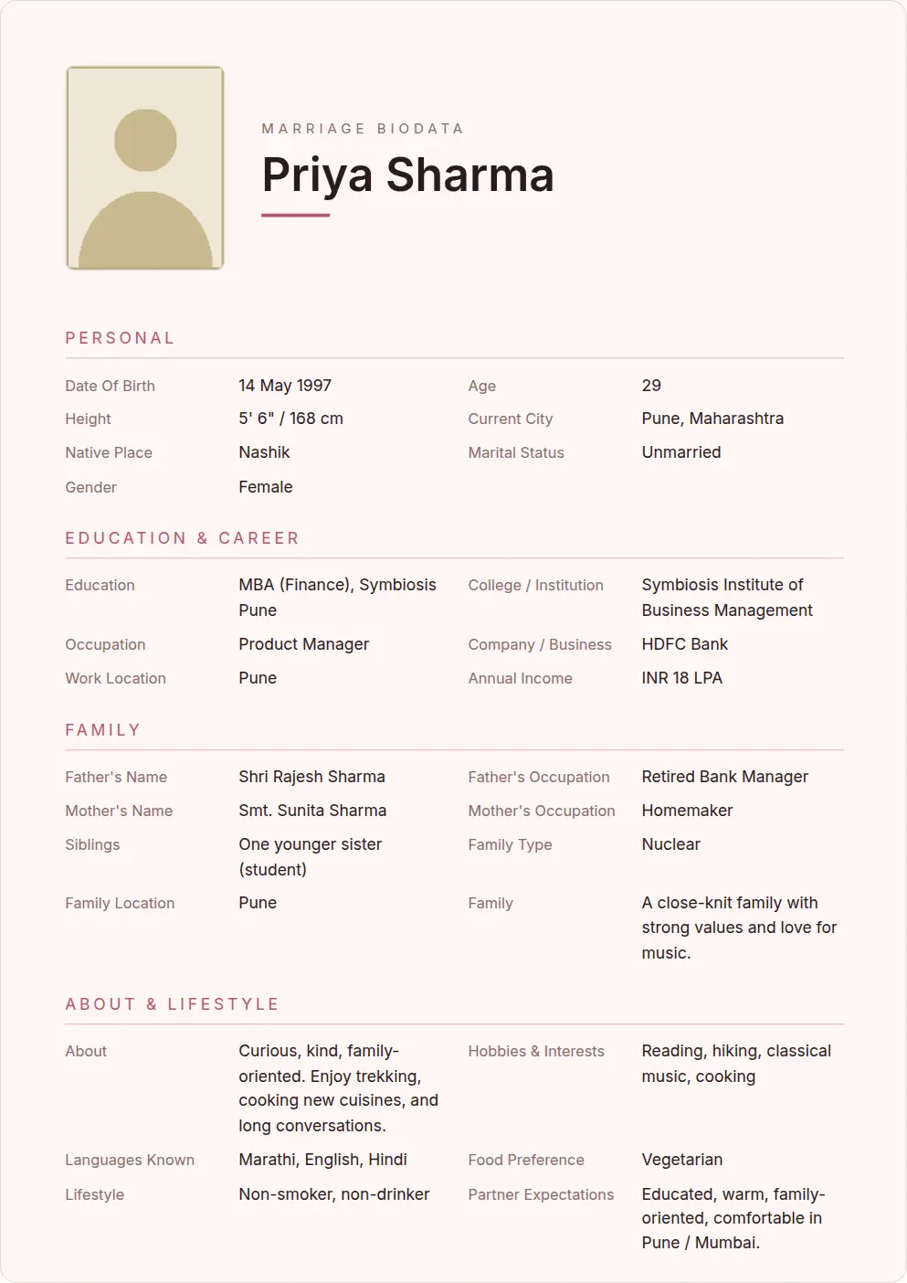Blush Rose: marriage biodata template preview with sample data