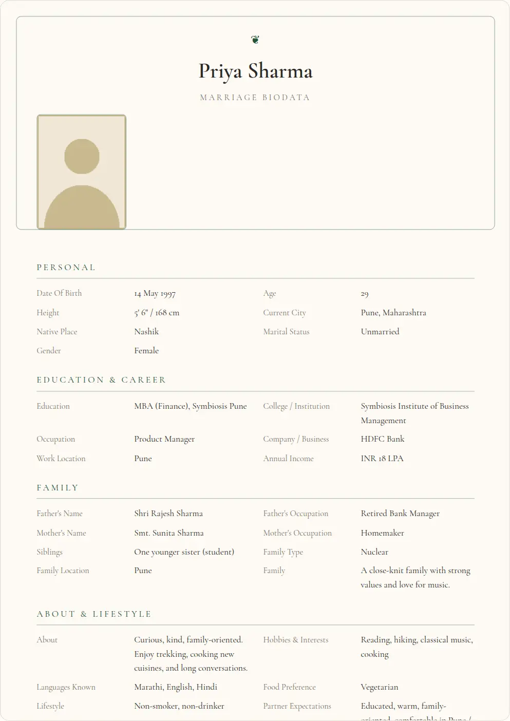 Elegant Floral: marriage biodata template preview with sample data