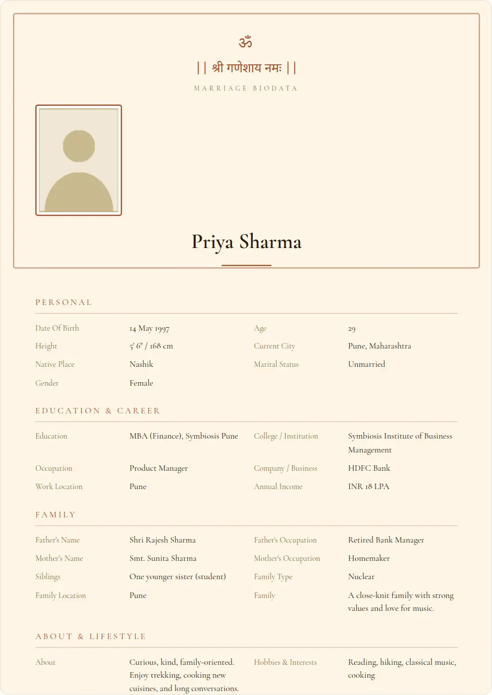 Ganesha Blessing: marriage biodata template preview with sample data