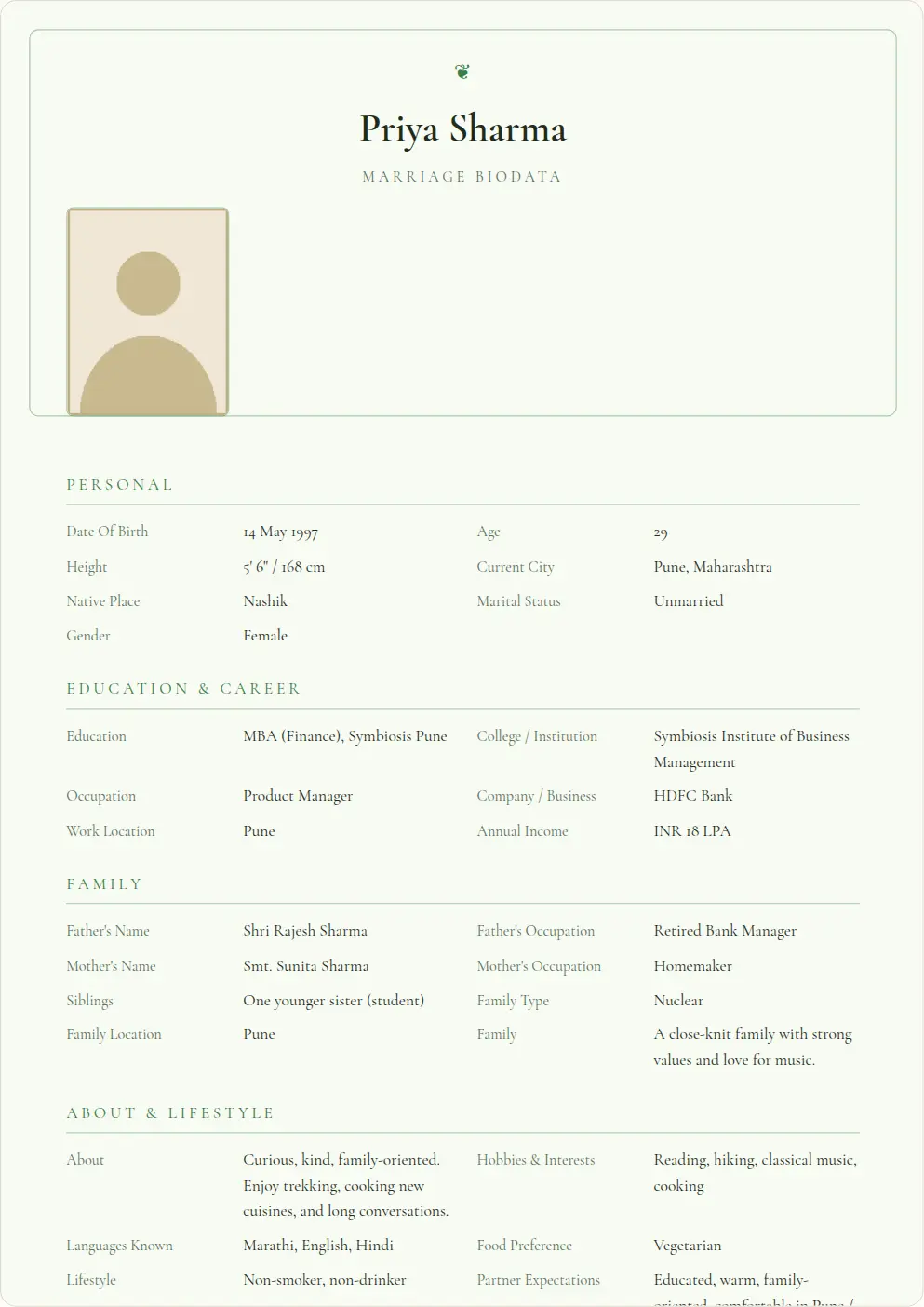Garden Fresh: marriage biodata template preview with sample data
