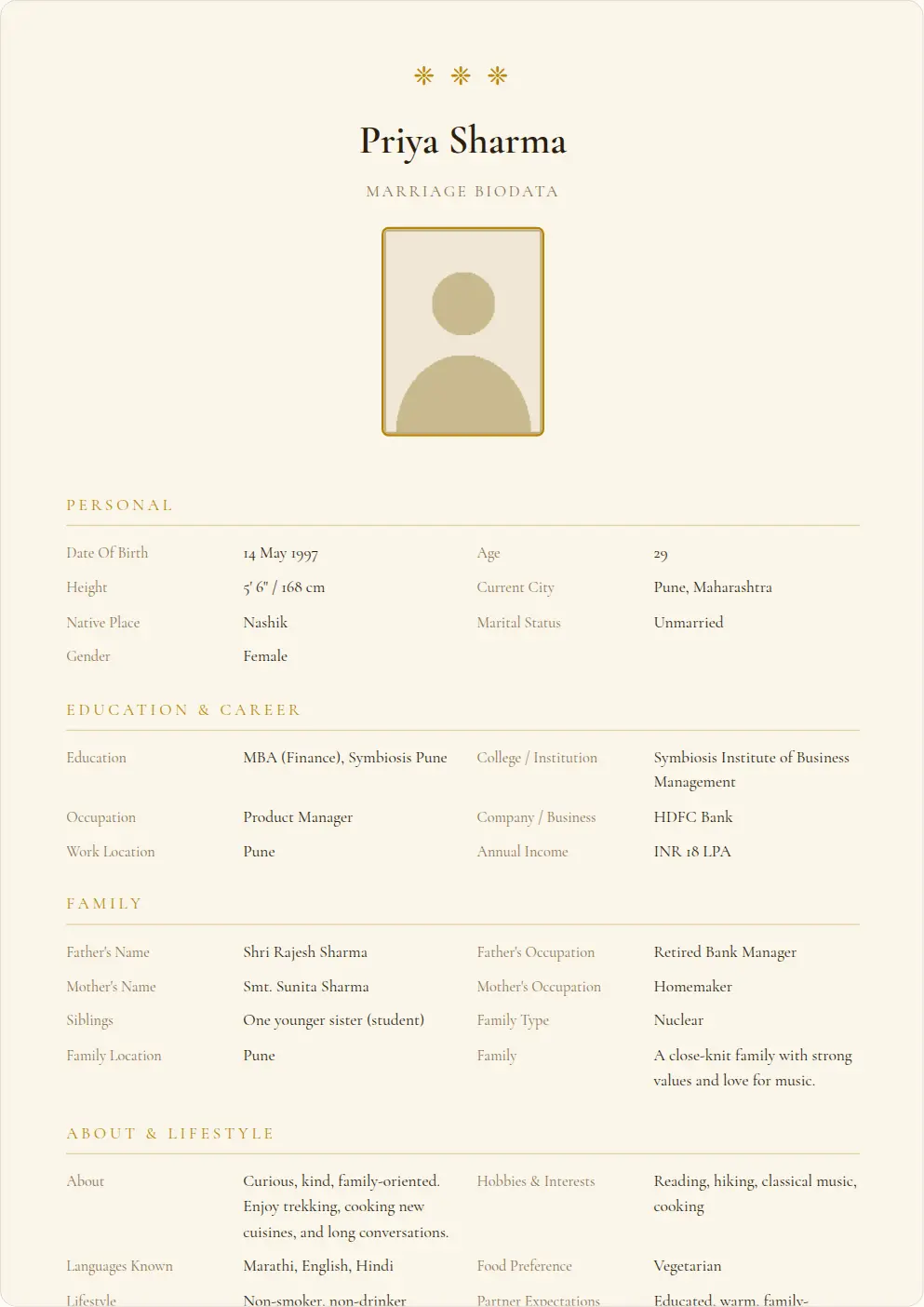 Gold Luxe: marriage biodata template preview with sample data