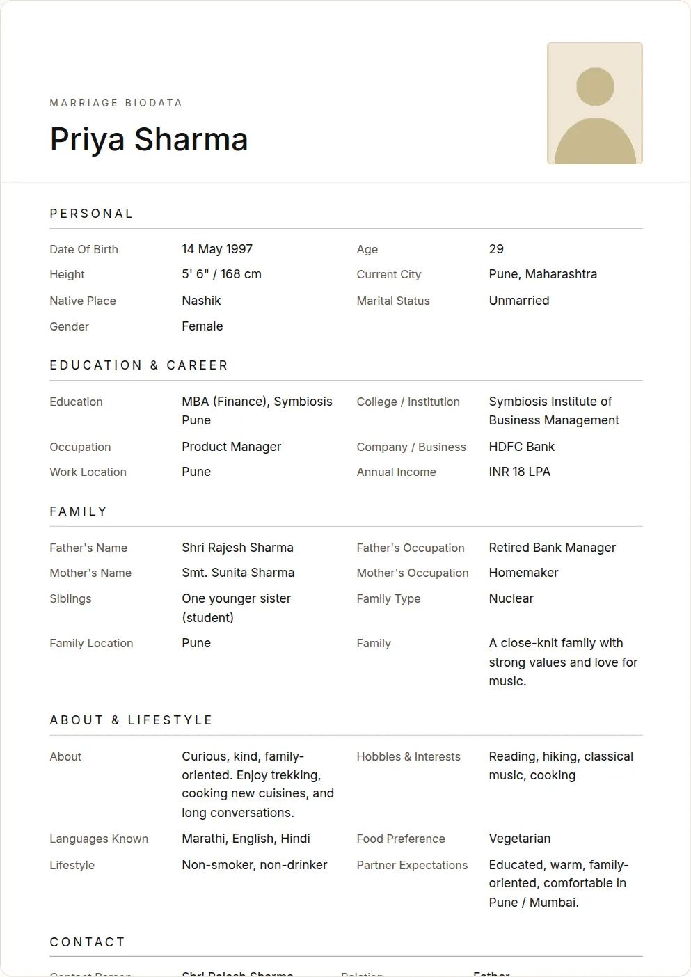 Minimal Monochrome: marriage biodata template preview with sample data