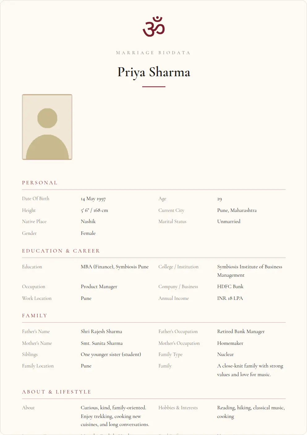 Om Sacred: marriage biodata template preview with sample data