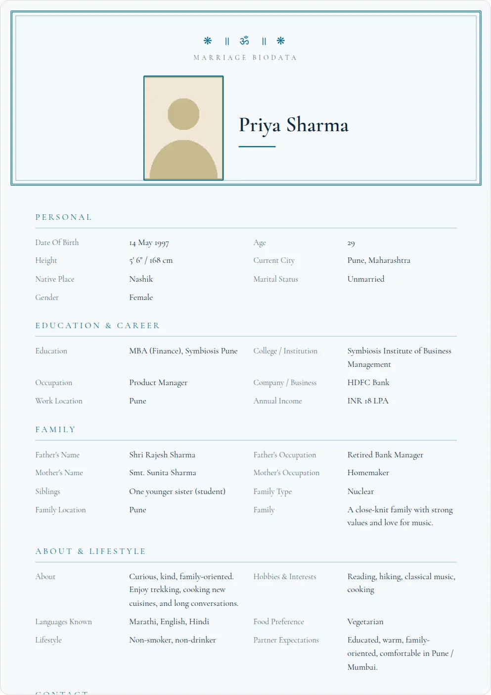 Peacock Royal: marriage biodata template preview with sample data