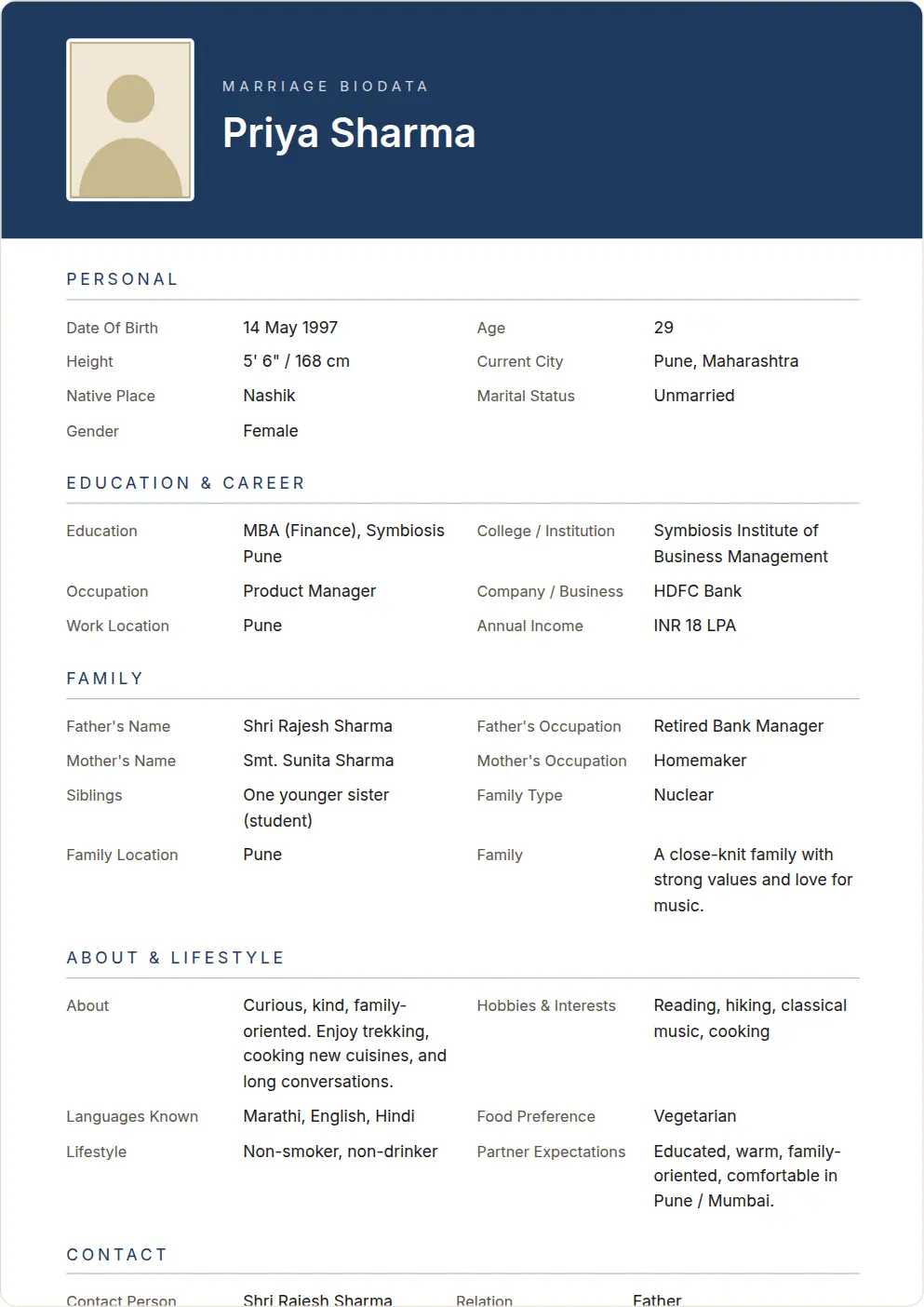 Professional Navy: marriage biodata template preview with sample data