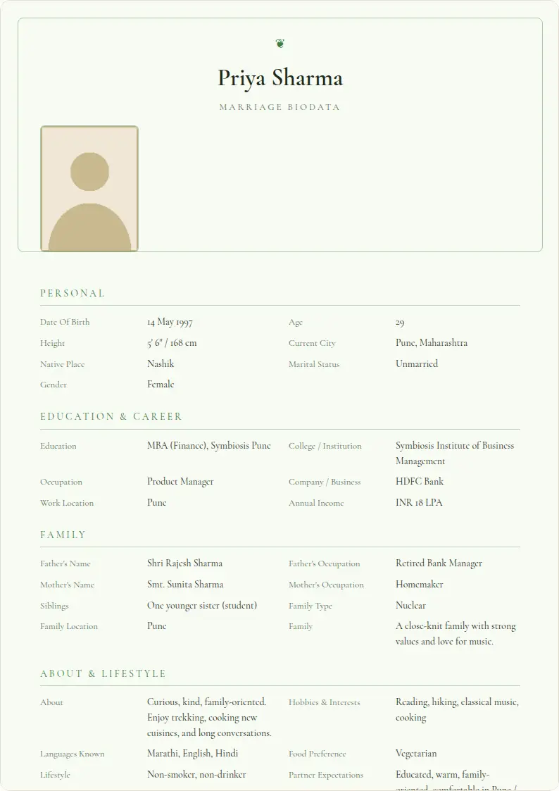 Garden Fresh marriage biodata template