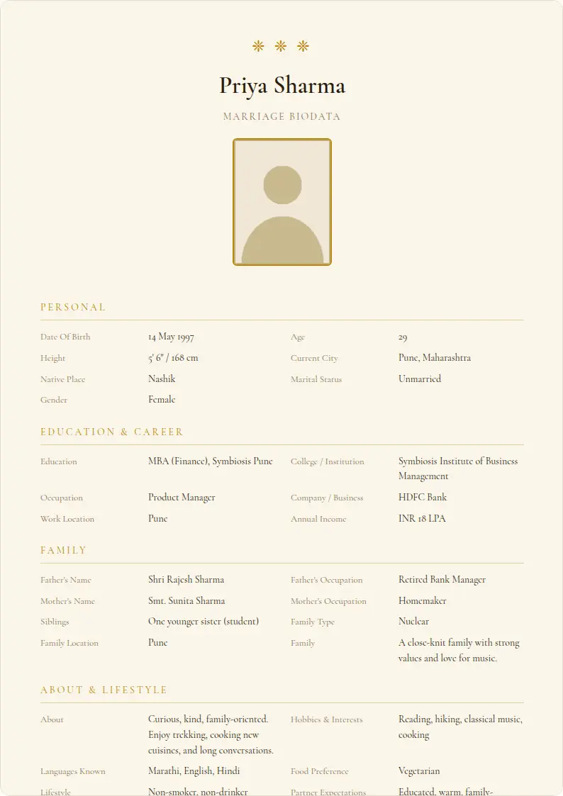 Gold Luxe marriage biodata template