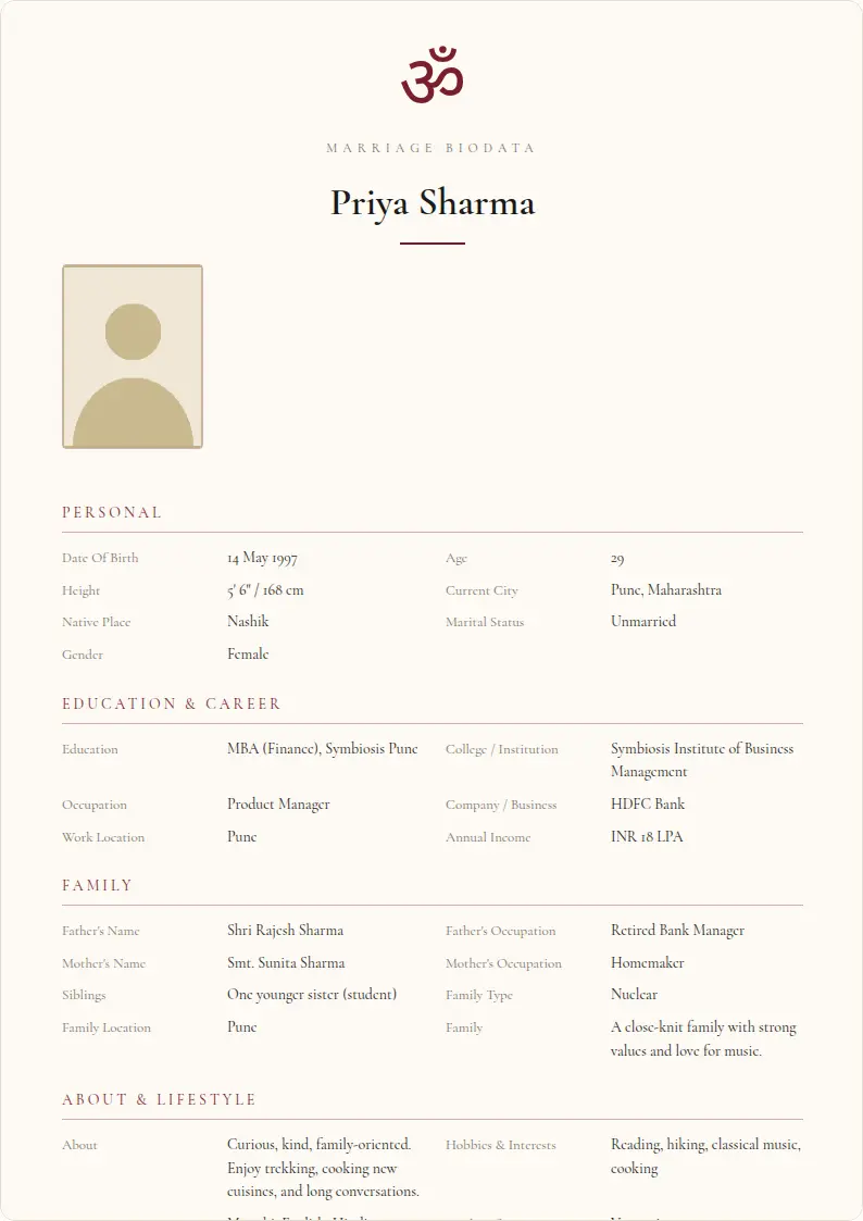 Om Sacred marriage biodata template