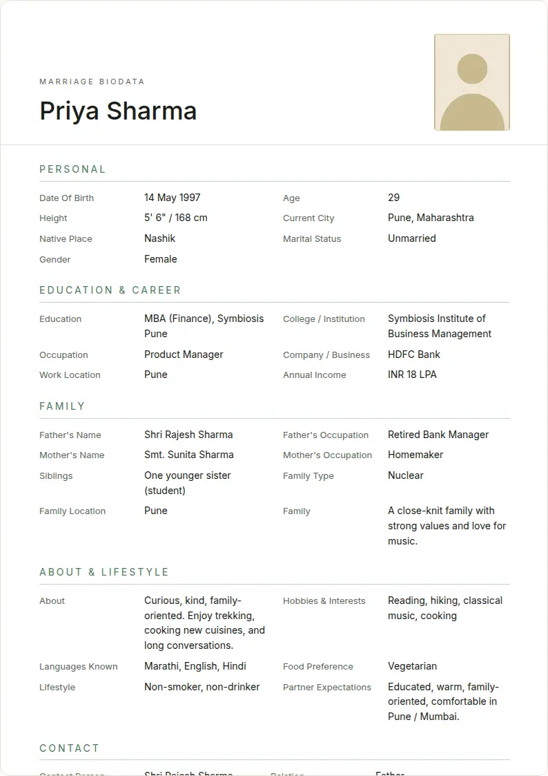 Sage Minimal marriage biodata template