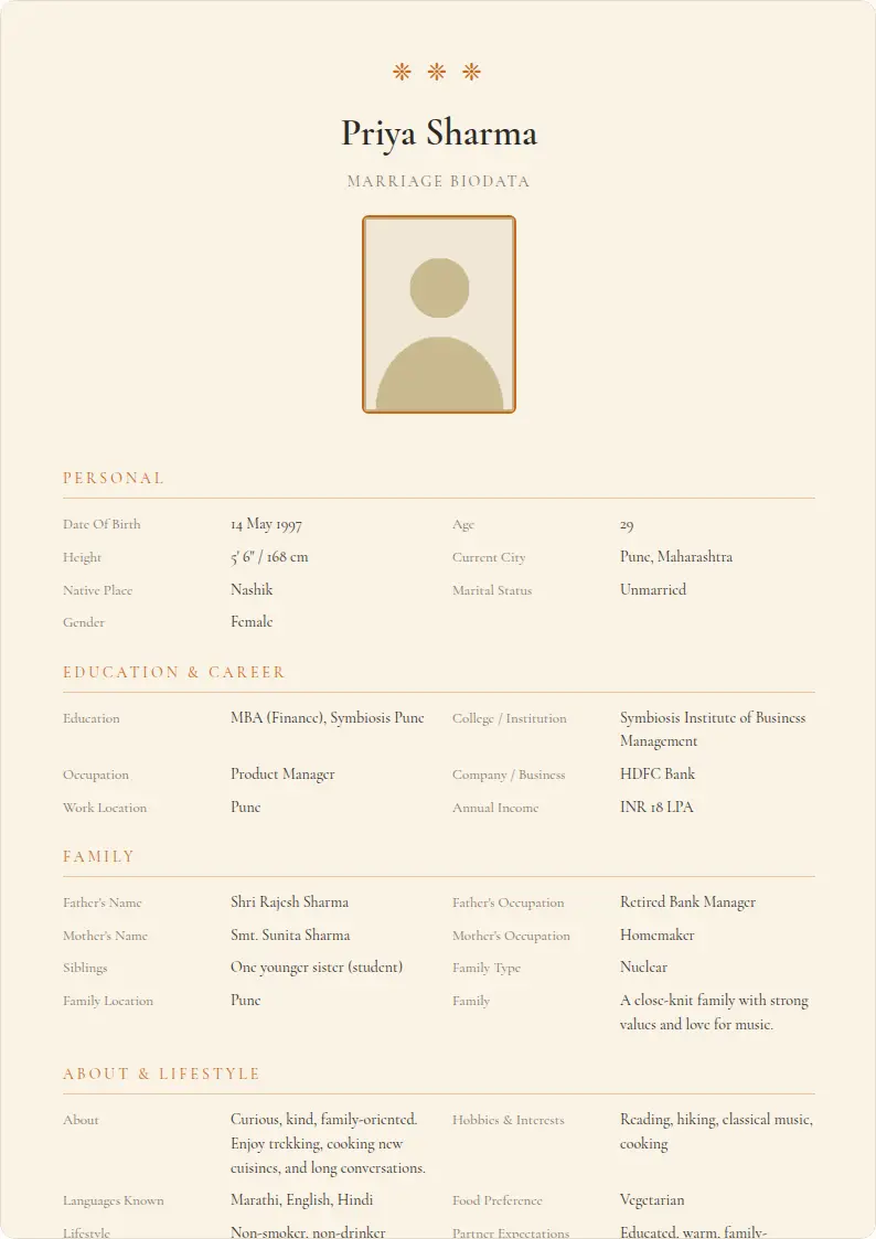 Soft Traditional marriage biodata template