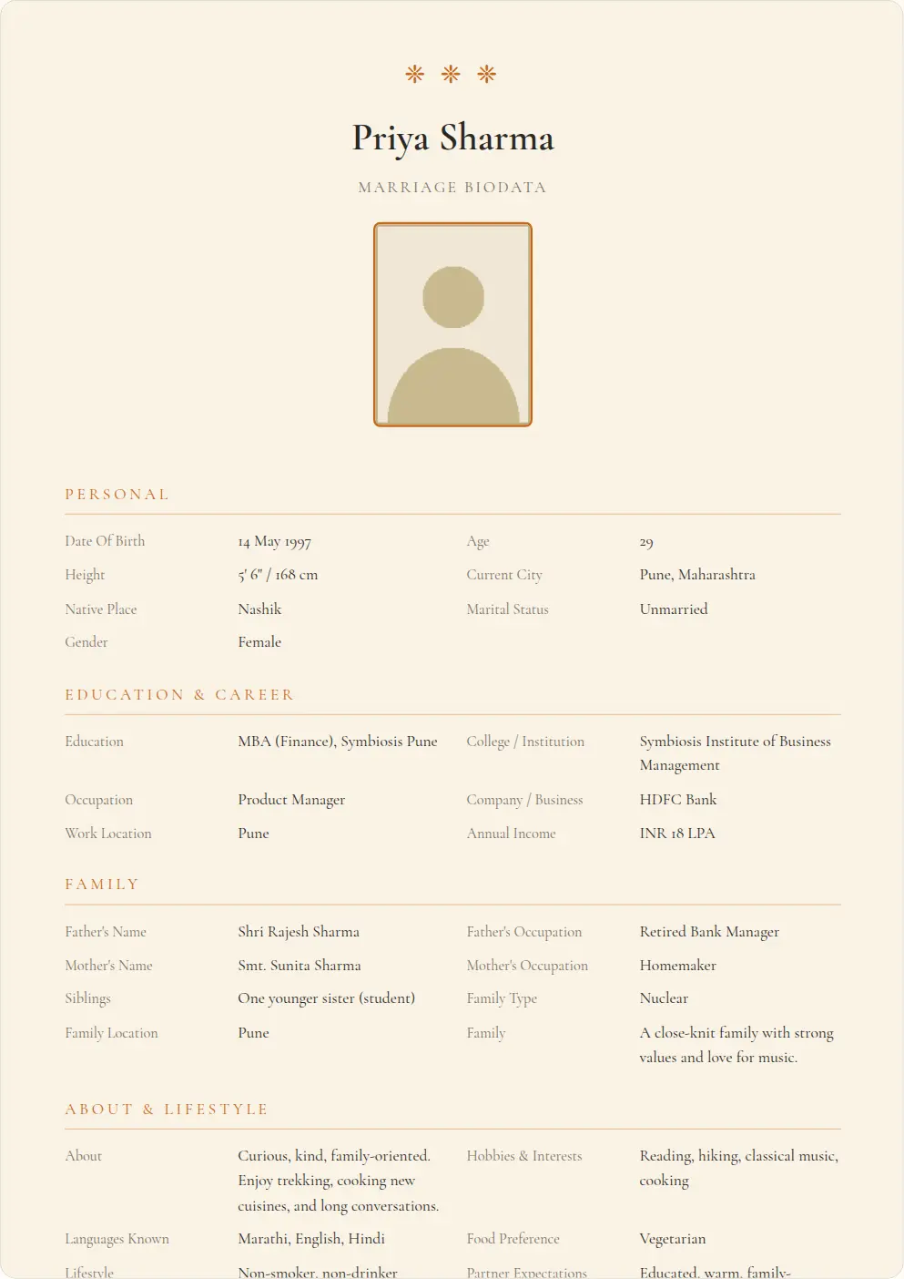 Soft Traditional: marriage biodata template preview with sample data