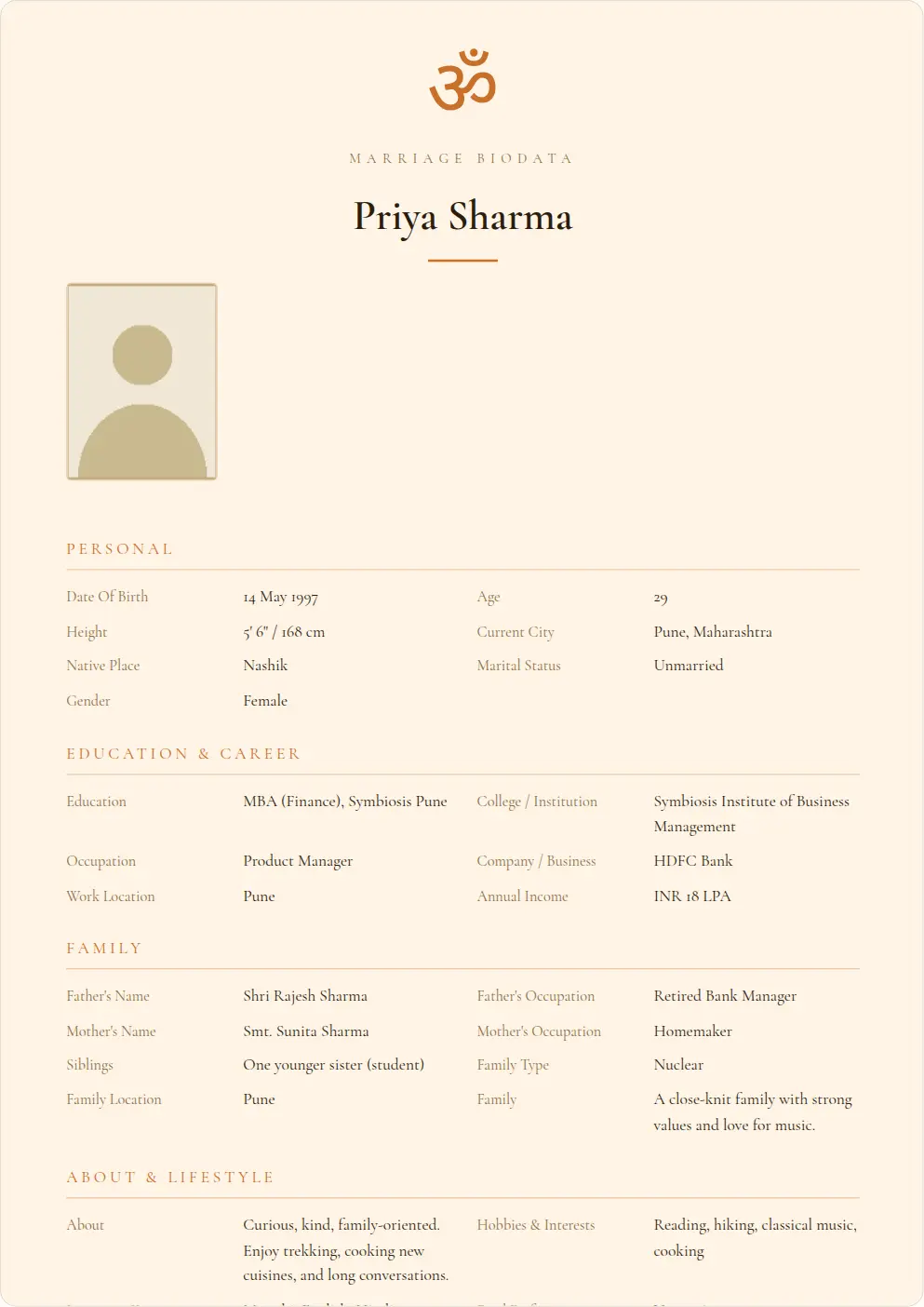 Sunrise Warm: marriage biodata template preview with sample data